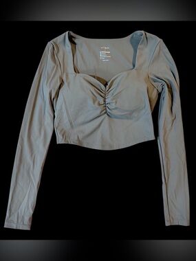 OSTAUG Womens S Sage Green Ruched Bust Long Sleeve Crop Top Square Neck